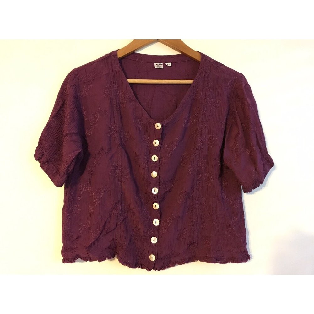 Yazdi Womens Purple Short Sleeve Button Blouse Shirt Top M/L Medium Large